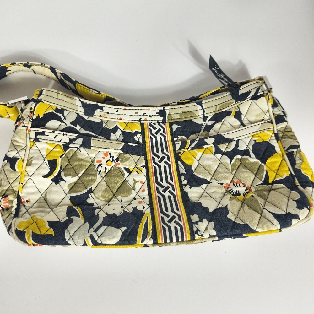 Vera Bradley Quilted Shoulder Bag Floral Black Yellow White Small Baguette Purse